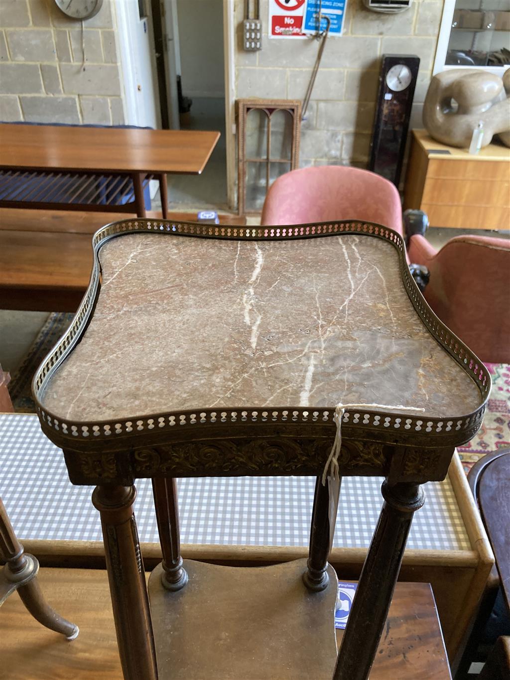 A near pair of French marble top two tier plant stands, larger width 30cm, depth 30cm, height 82cm